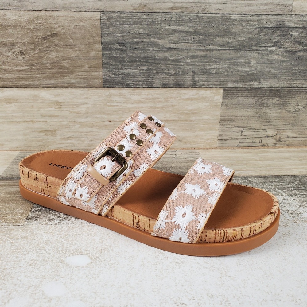 Lucky Brand Dineesa Womens Flat Sandals Sz 6 M Natural Studded Two Band Slip On